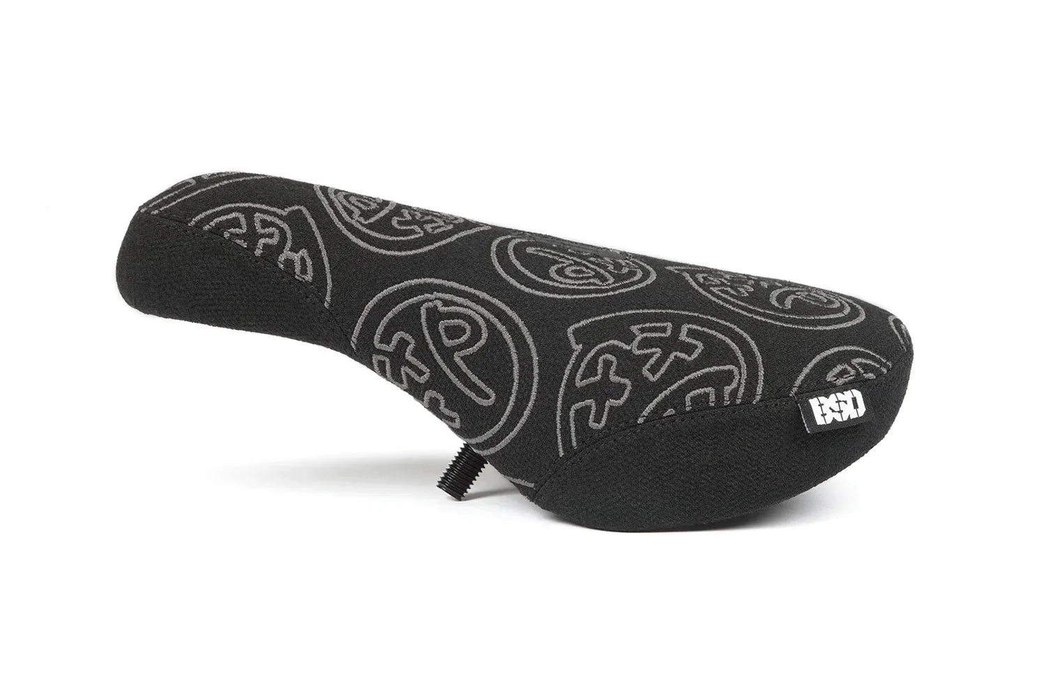 Selle de BMX noire avec motifs graphiques gris et logo blanc