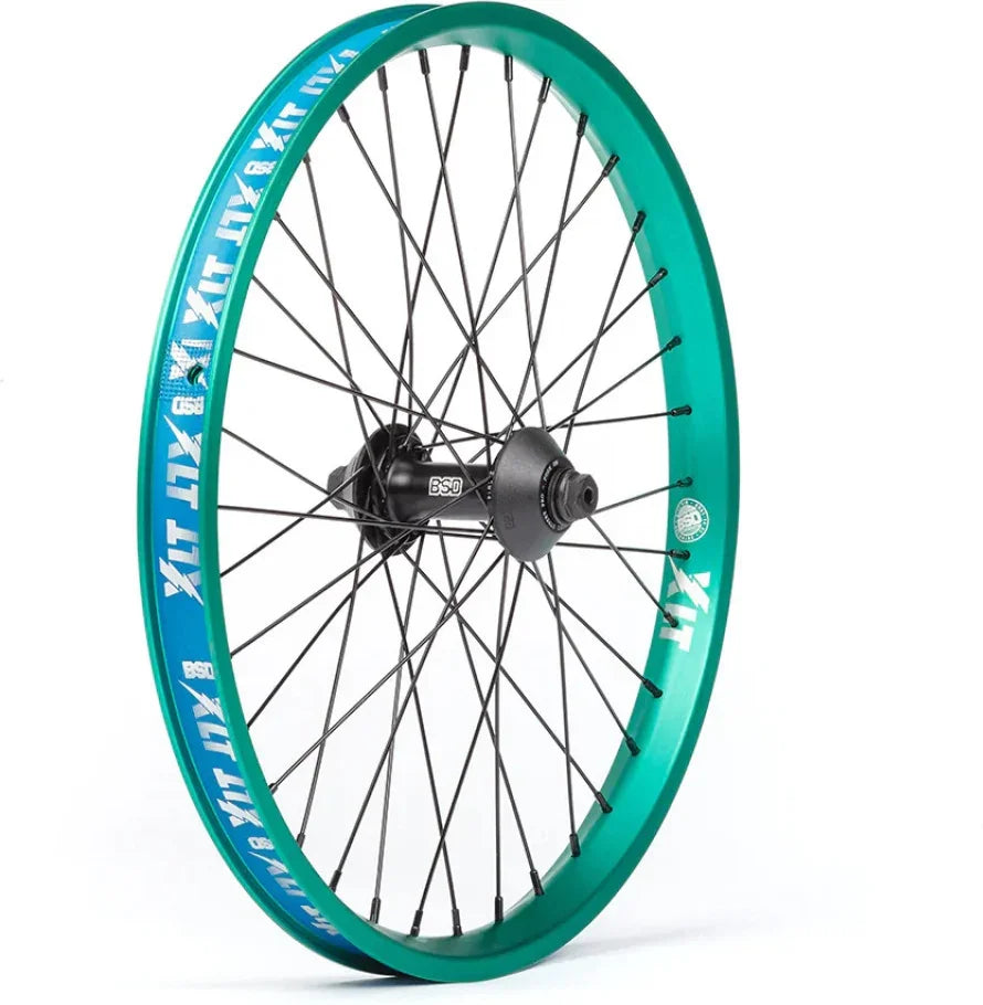 Roue BMX verte avec moyeu BSD et rayons noirs, design XIT pour vélo de freestyle