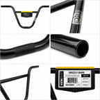 Black BMX bike handlebars with knurled grip, logo tags, and close-up steel details