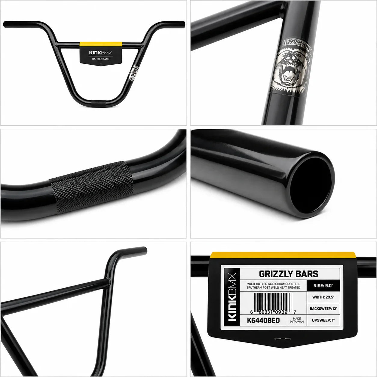 Black BMX bike handlebars with knurled grip, logo tags, and close-up steel details