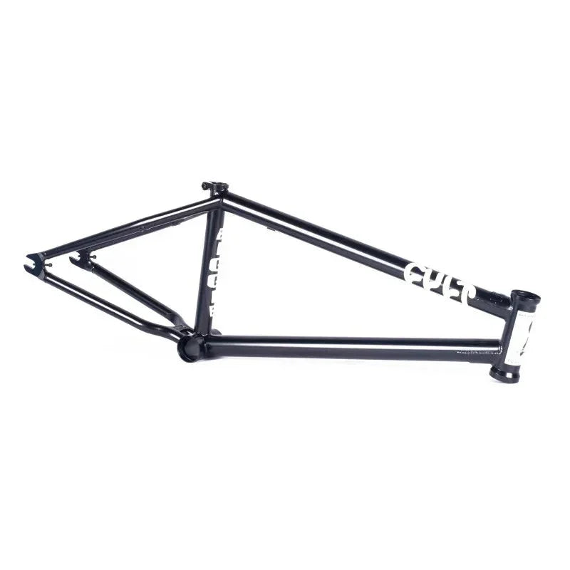Black BMX bike frame with white graphics, side view on white background