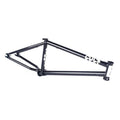 Black BMX bike frame with white graphics, side view on white background