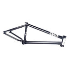 Black BMX bike frame with white graphics, side view on white background