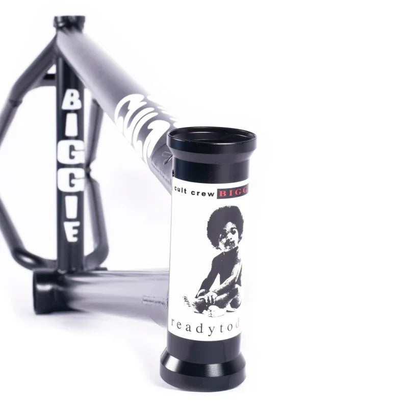 Black BMX bike frame with bold white 'BIGGIE' text and unique head tube graphic.