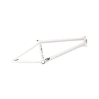 Matte white BMX bike frame with minimal black graphic on white background