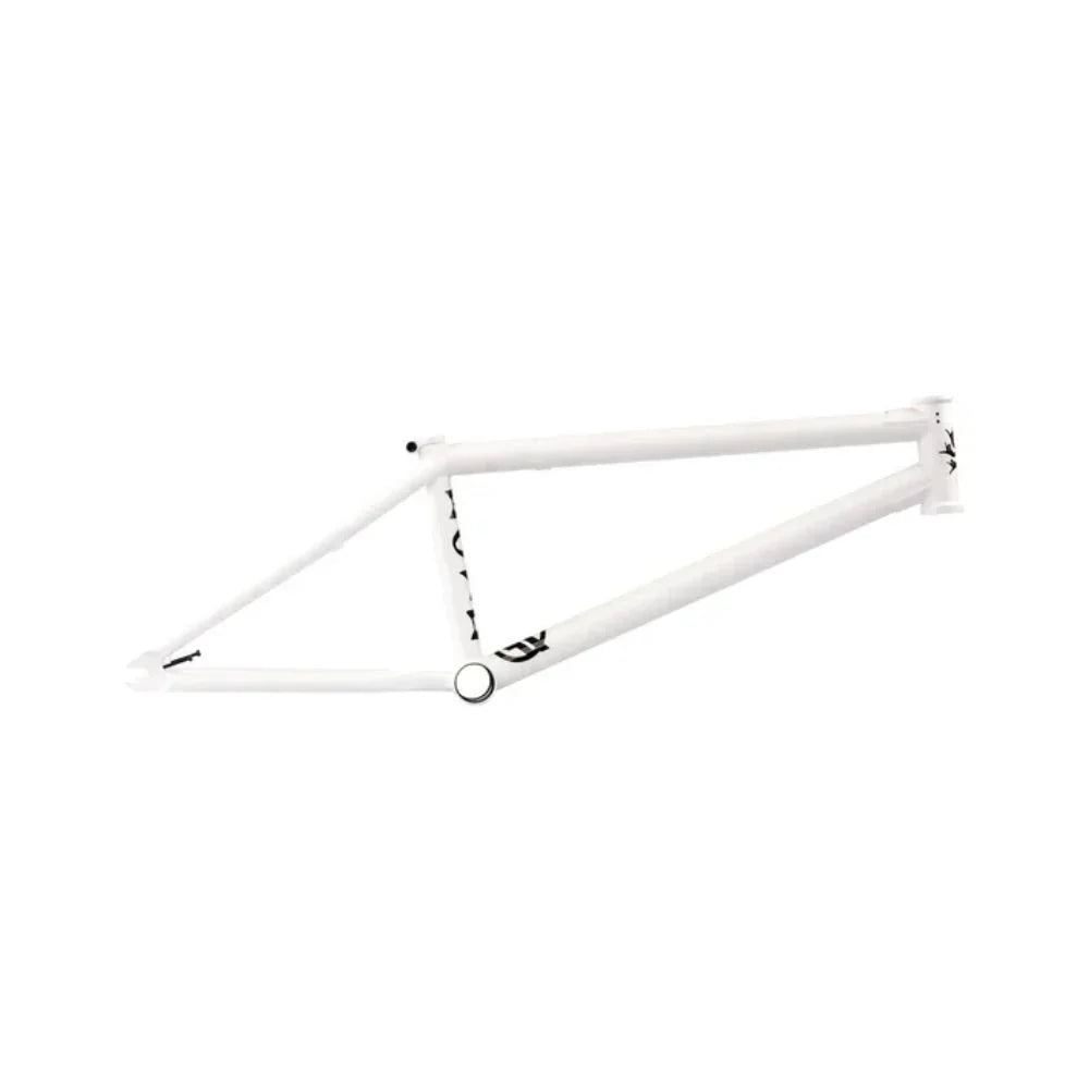 Matte white BMX bike frame with minimal black graphic on white background