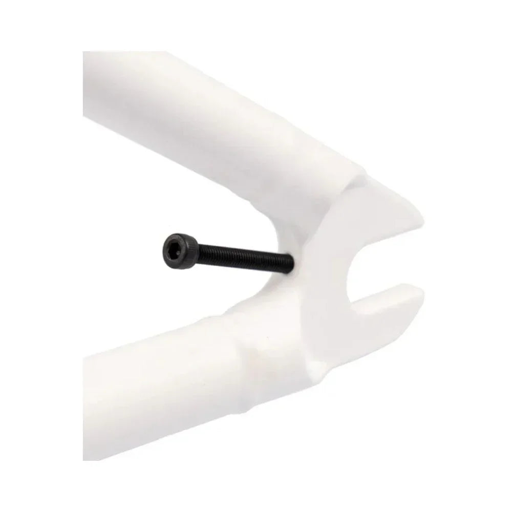 White BMX bike frame dropout with tensioner bolt close-up