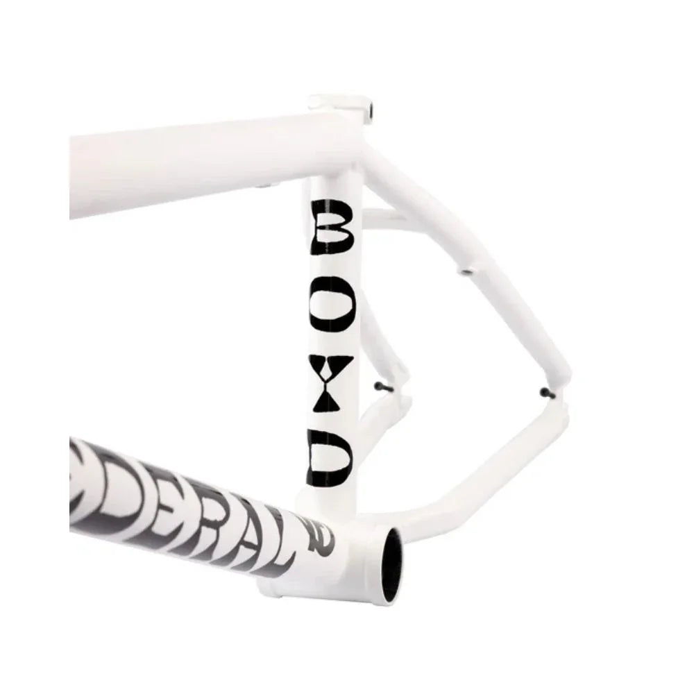 Matte white BMX bike frame with black BOYD and FEDERAL graphics, isolated on white background