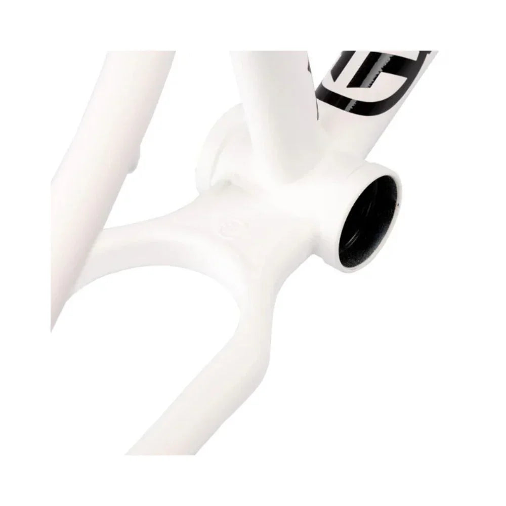 Close-up of matte white BMX bike frame bottom bracket area