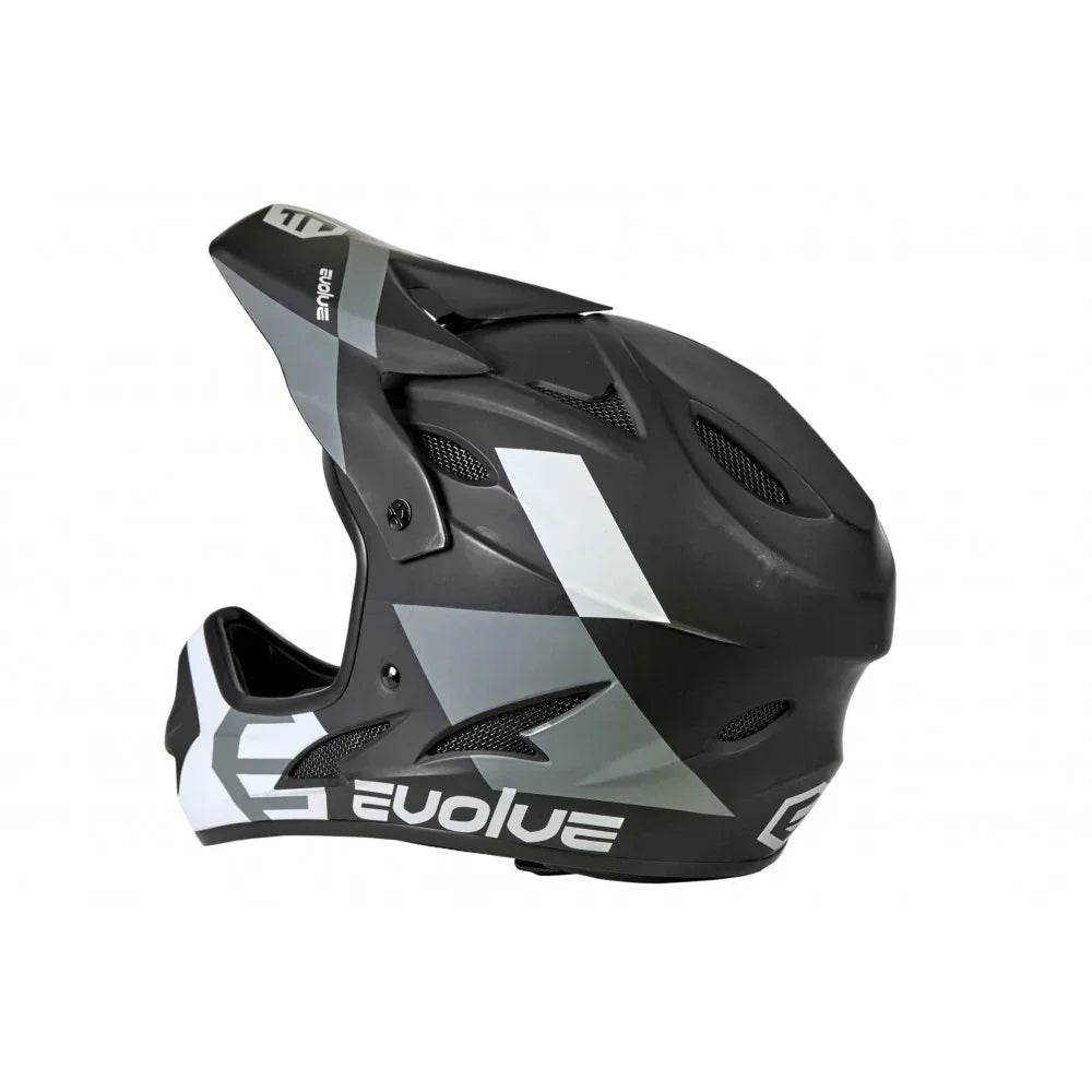 Casque de BMX full-face Evolue noir et gris avec graphismes blancs