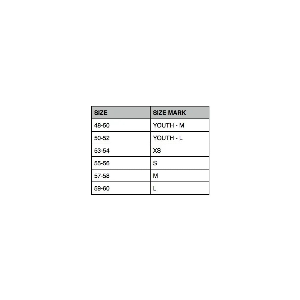 Tableau des tailles pour casque BMX avec correspondances numériques et lettres.