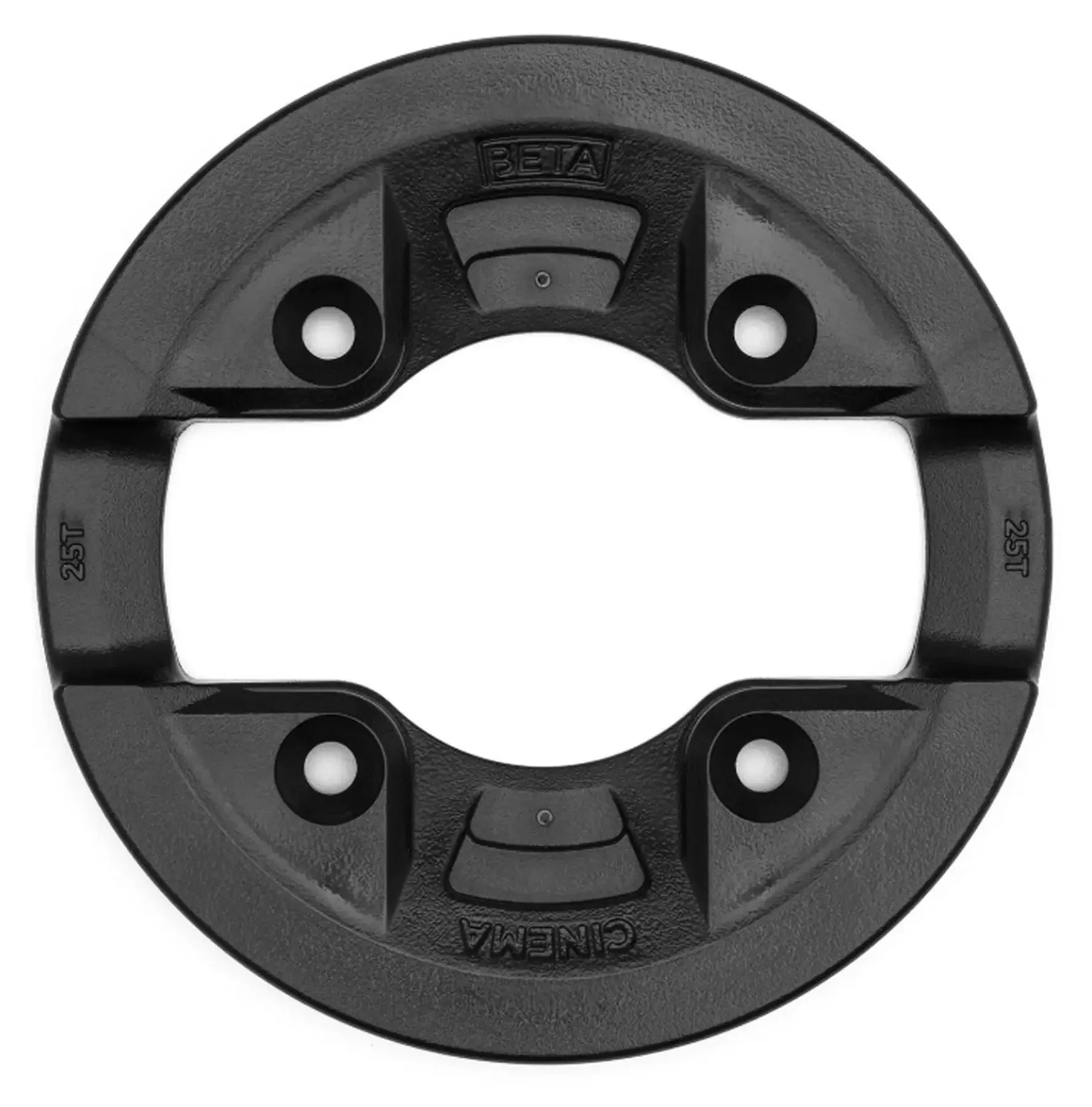 Black BMX sprocket guard replacement part with mounting holes, 25T size, top view