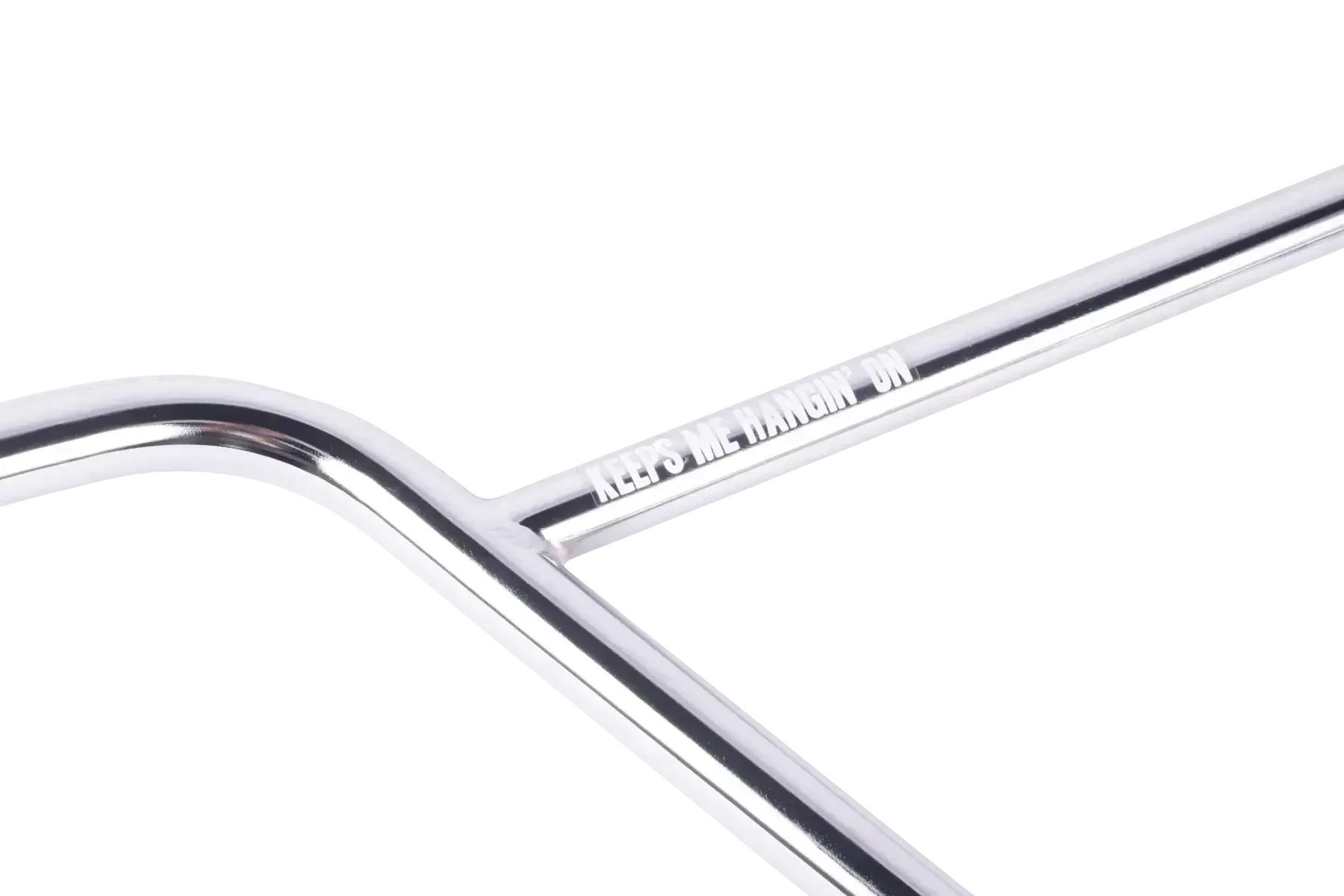 Guidon BMX chromé avec inscription 'KEEPS ME HANGIN' ON', design robuste pour freestyle