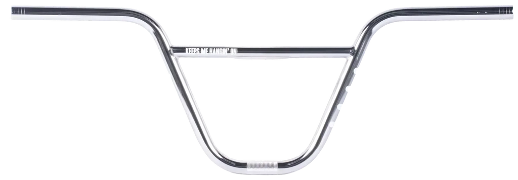Guidon BMX chromé avec inscription 'KEEPS ME HANGIN' ON', design robuste pour freestyle