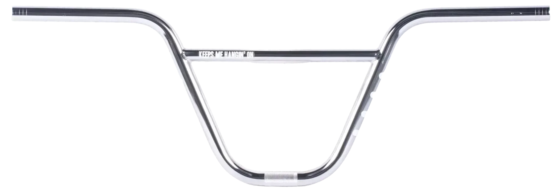 Guidon BMX chromé avec inscription 'KEEPS ME HANGIN' ON', design robuste pour freestyle