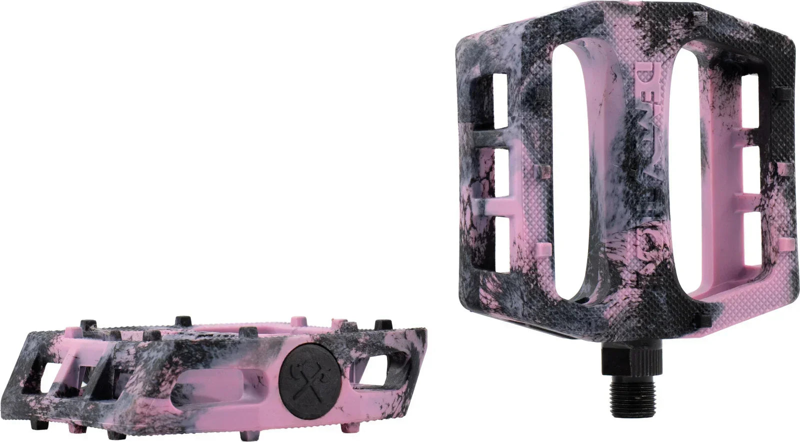 Pédales BMX rose et noire avec design marbré et texture antidérapante