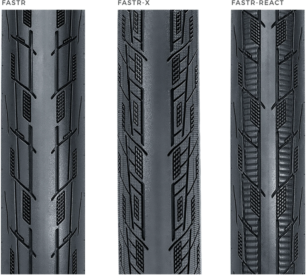 Comparaison des pneus BMX FASTR, FASTR-X et FASTR-REACT avec leurs motifs de crampons distinctifs