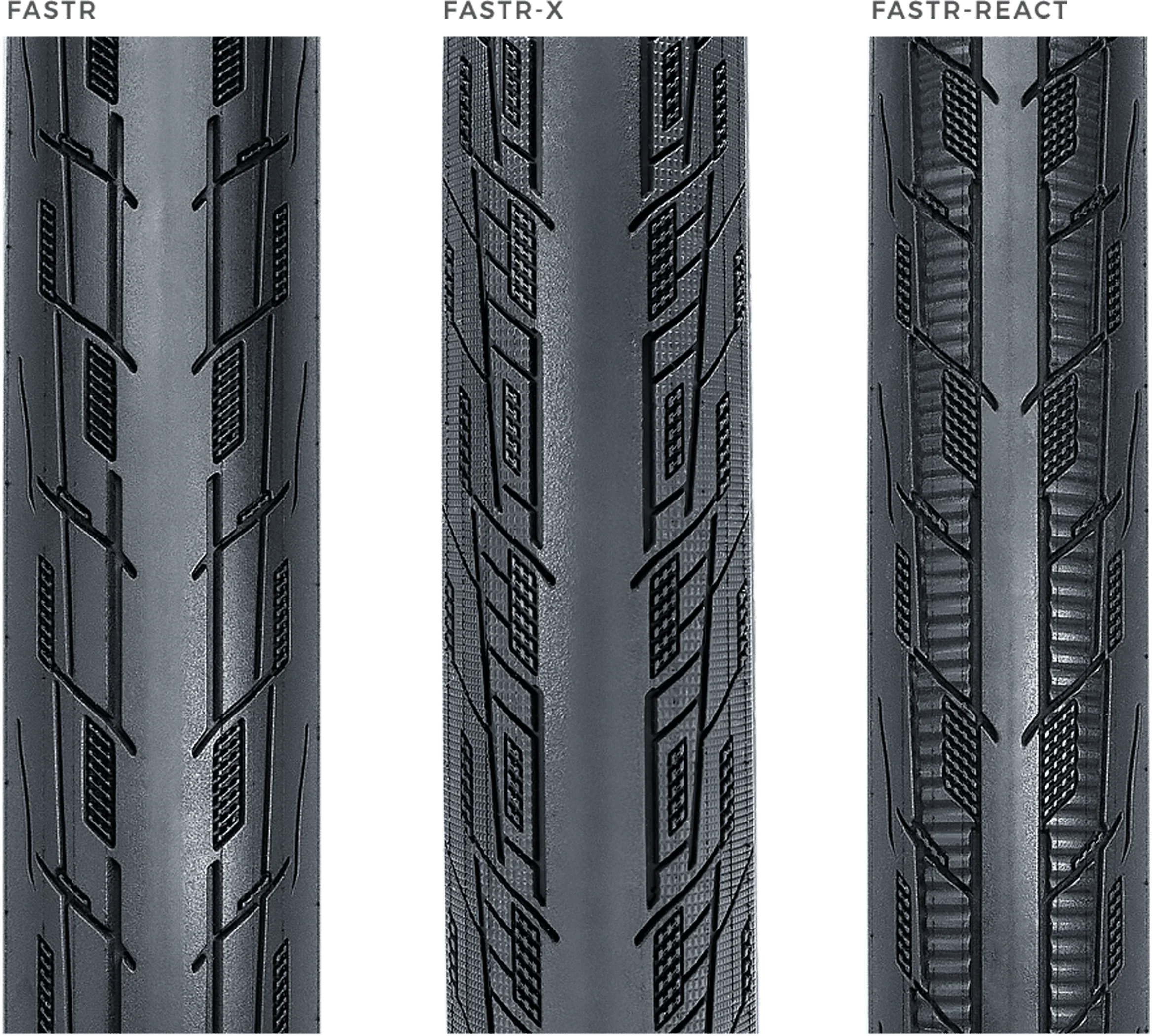 Comparaison des pneus BMX FASTR, FASTR-X et FASTR-REACT avec leurs motifs de crampons distinctifs