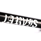 Black BMX bike frame with white 'JARVIS' lettering in bold gothic style