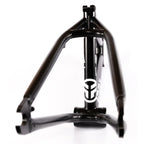 Black BMX bike frame rear view with white logo on seat tube, isolated on white background