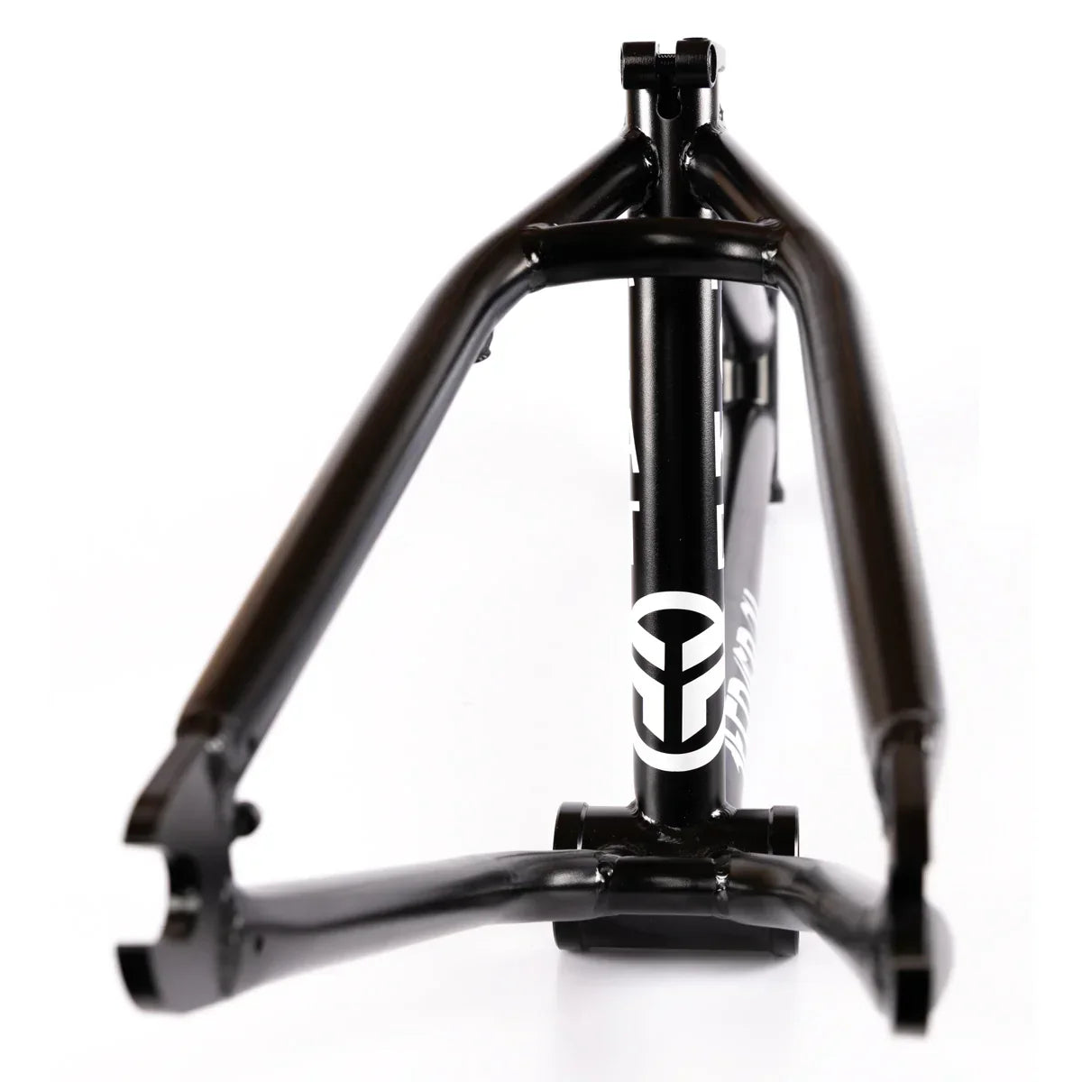 Black BMX bike frame rear view with white logo on seat tube, isolated on white background