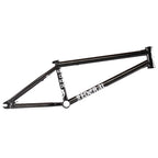 Black BMX bike frame with white logo text, isolated on white background