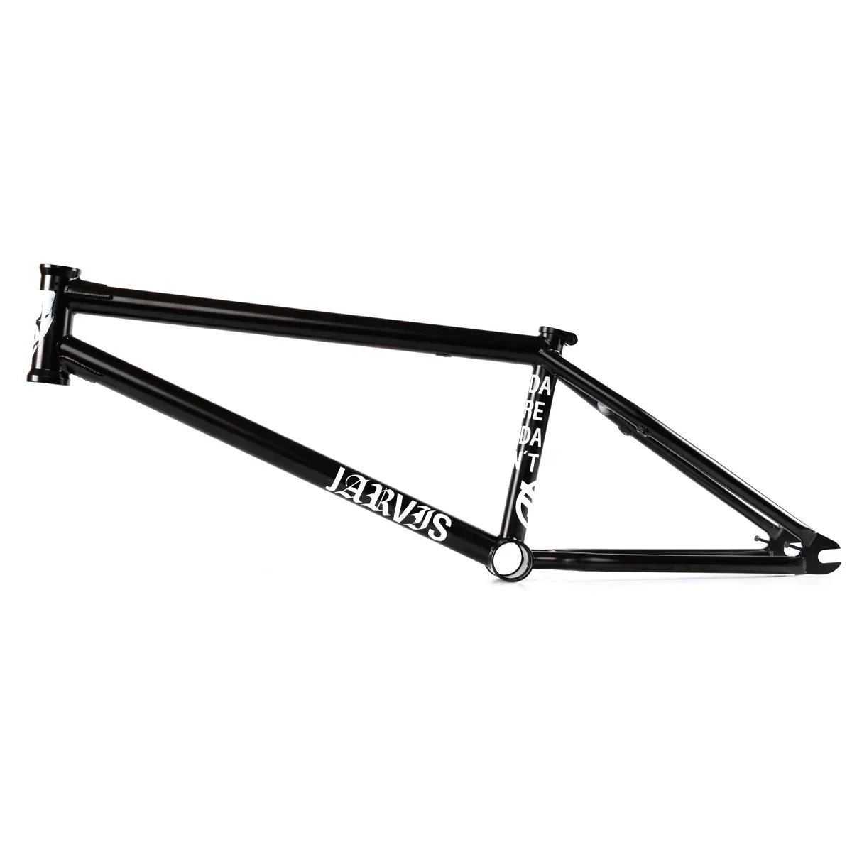 Black BMX bike frame with white Jarvis logo, isolated on white background