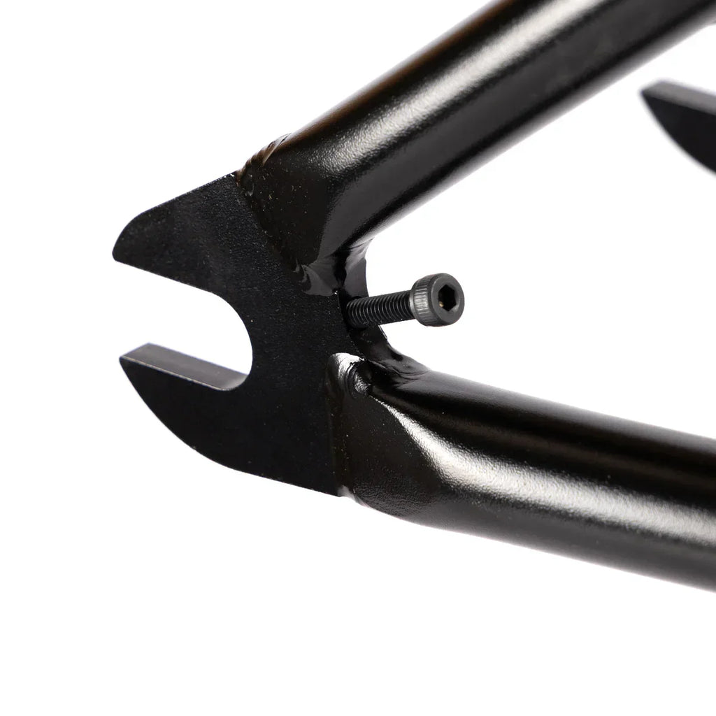 Close-up of black BMX bike frame dropout with tensioner screw