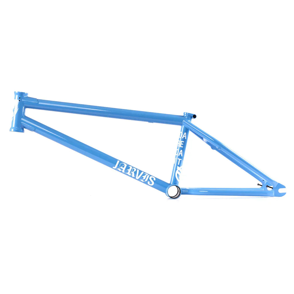 Blue BMX bike frame with white Jarvis text, side view, isolated on white background