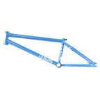 Blue BMX bike frame with white Jarvis text, side view, isolated on white background
