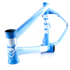 Blue BMX bike frame with distinctive white graphic face and bold text detail