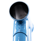 Close-up of blue BMX bike frame head tube with embossed logo on front