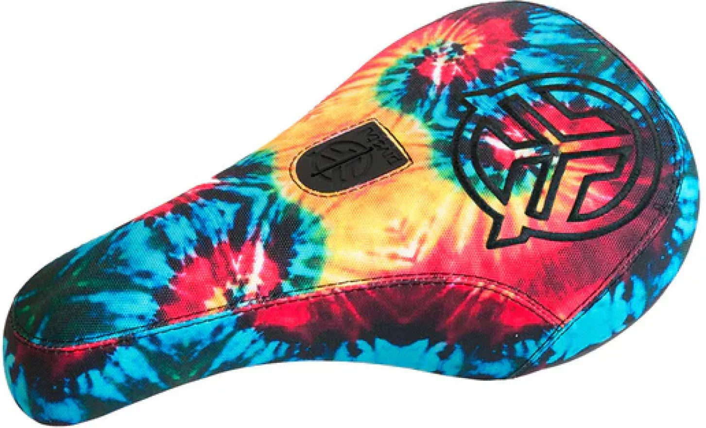 Selle BMX tie-dye colorée avec logo distinctif pour vélo de freestyle