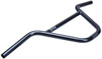 Black BMX bike handlebar with knurled grip section and white logo on crossbar