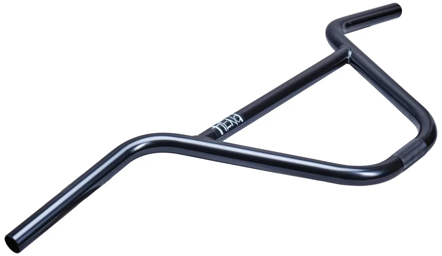 Black BMX bike handlebar with knurled grip section and white logo on crossbar