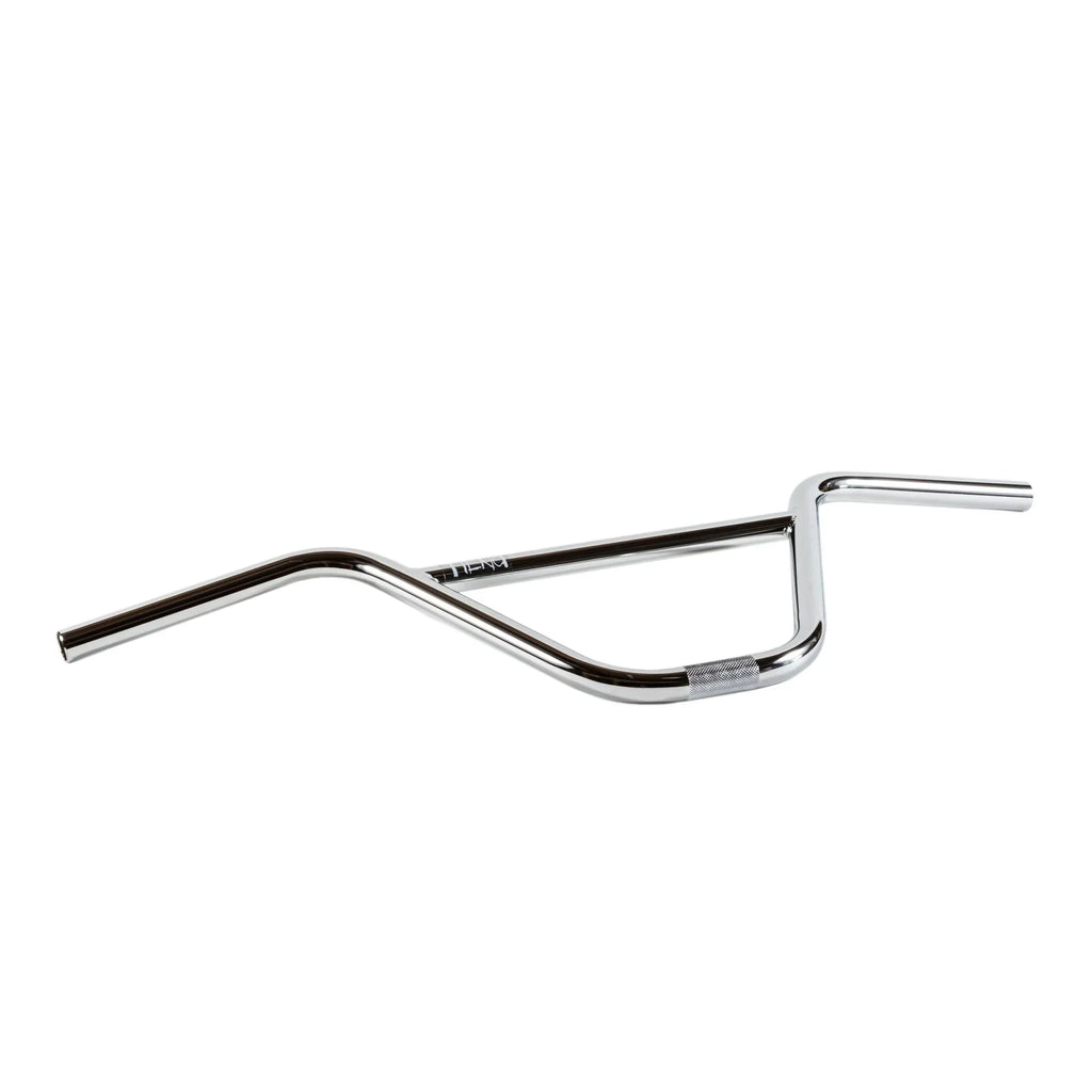 Chrome BMX handlebar with knurled clamping area on white background