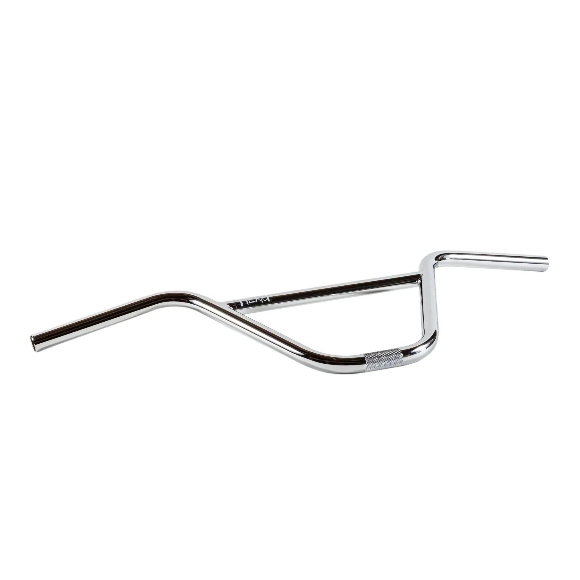 Chrome BMX handlebar with knurled clamping area on white background