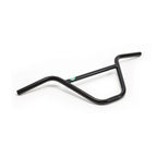 Guidon BMX noir en acier, posé sur fond blanc, adapté pour vélo freestyle.