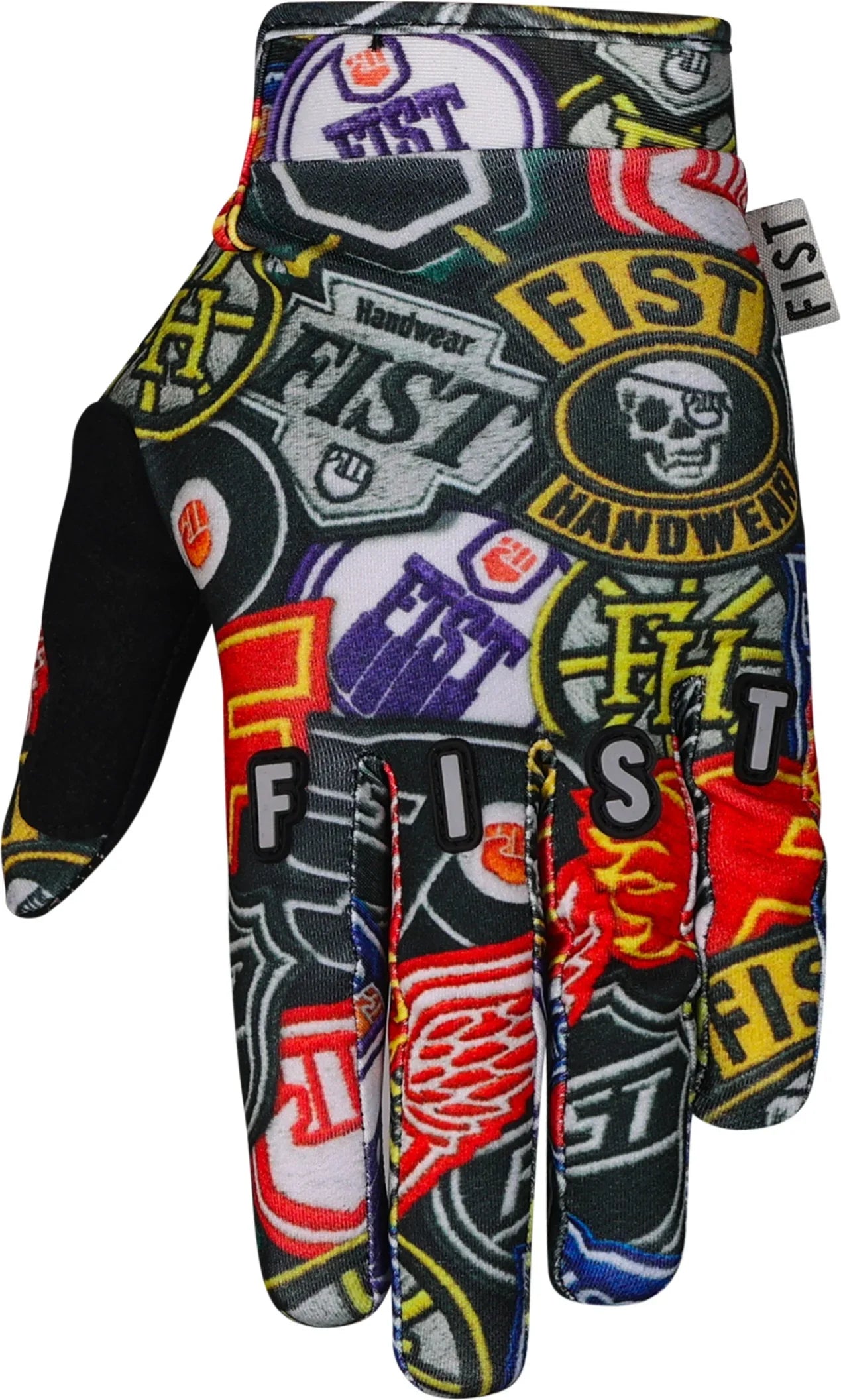 Gants de BMX colorés avec motifs FIST Handwear et crâne, design graphique audacieux
