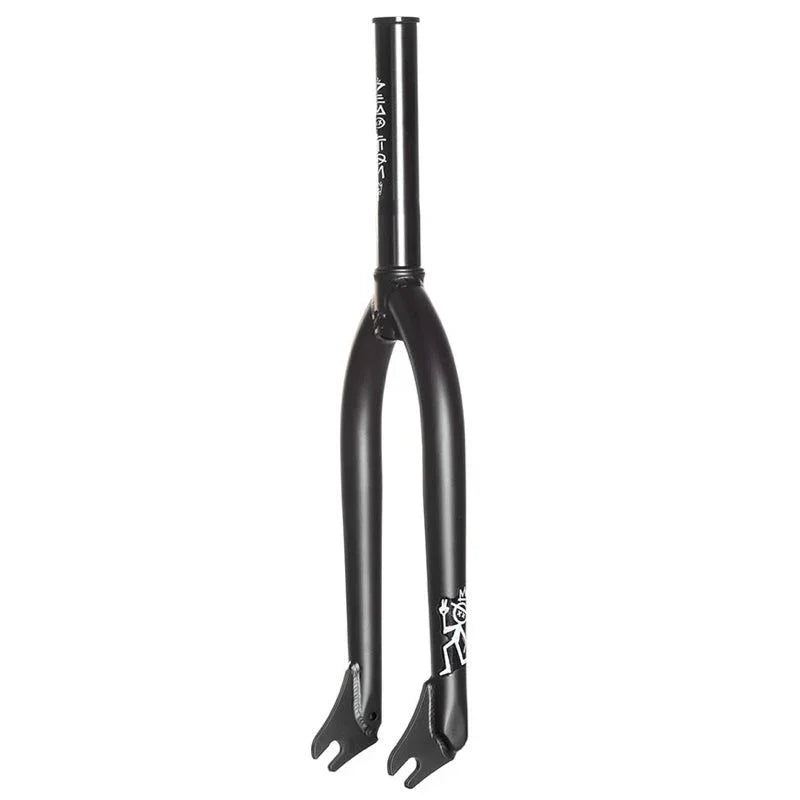 Fourche BMX noire avec logo blanc, composant vélo freestyle robuste et stylé