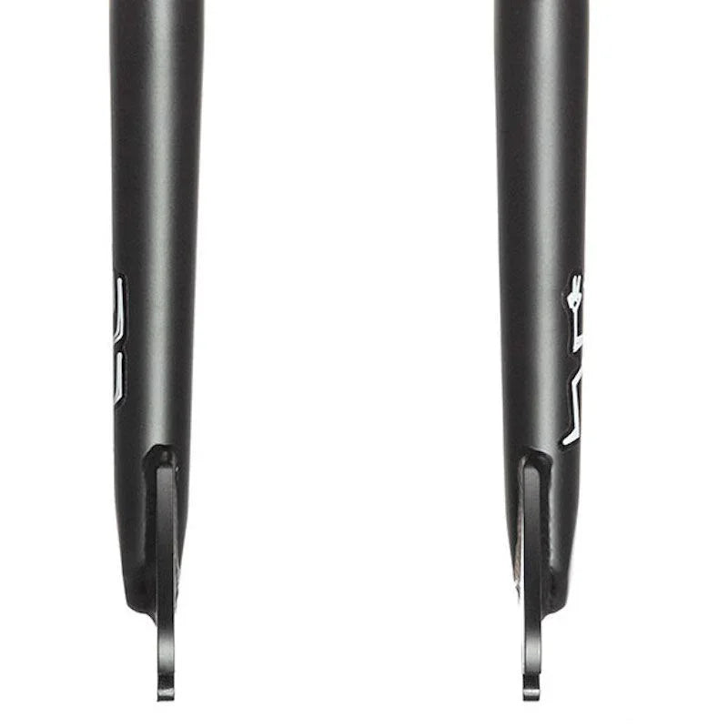 Fourche BMX noire avec logo blanc, design robuste pour vélo de freestyle