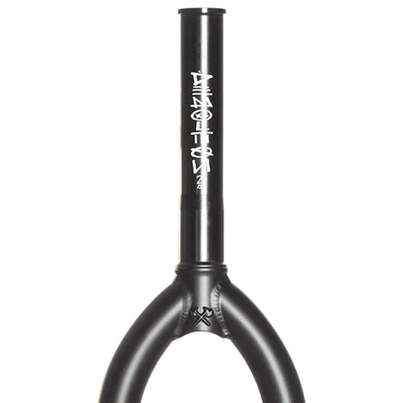 Fourche BMX noire avec logo blanc, composant de vélo freestyle robuste