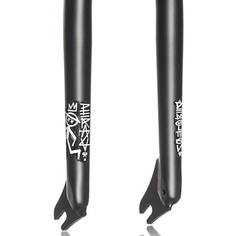 Fourche BMX noire avec logo blanc, composant de vélo freestyle