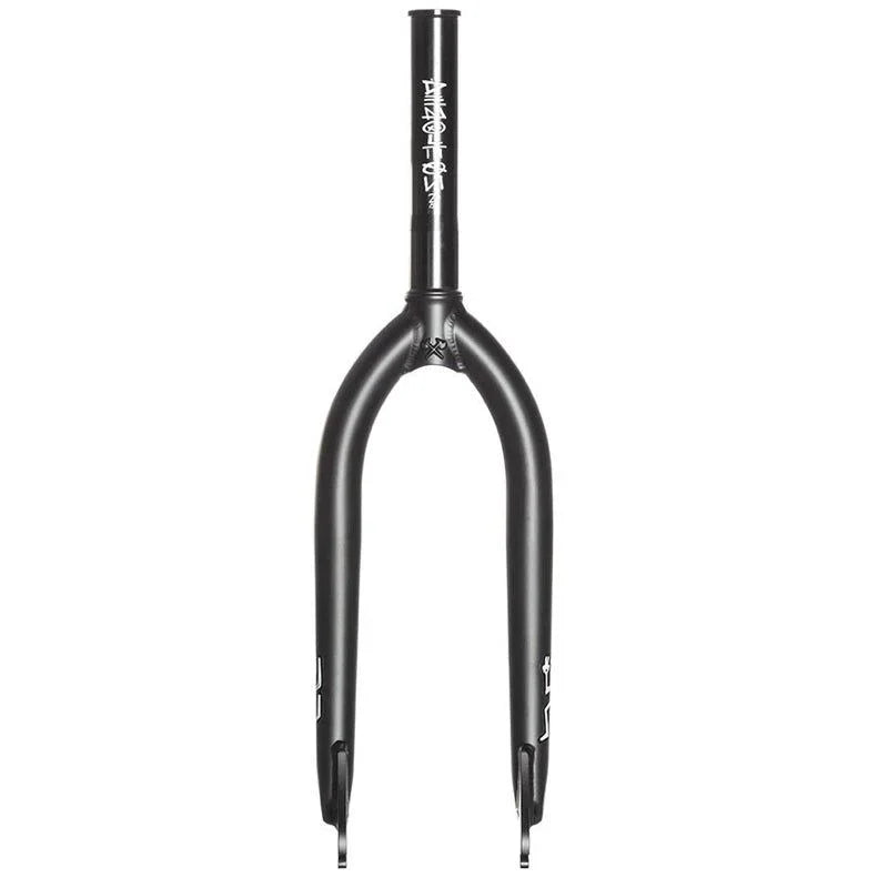 Fourche BMX noire avec logo blanc, design robuste pour vélo de rue et de park