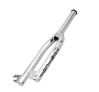 Fourche BMX chromée avec logo gravé, composant vélo freestyle robuste et léger