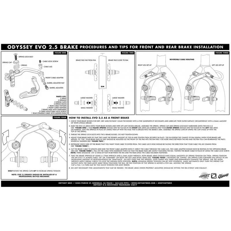 Odyssey Evo 2.5 brake installation guide showing part diagram, setup steps, and cable routing for BMX bikes.