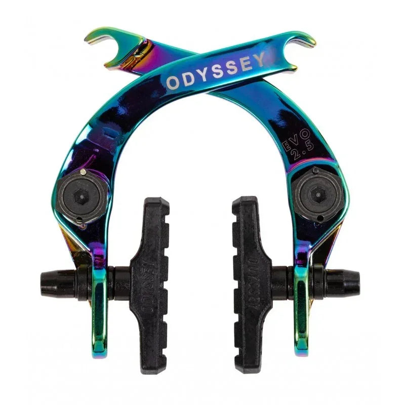 Odyssey Evo 2.5 rainbow BMX brake set with black pads on white background