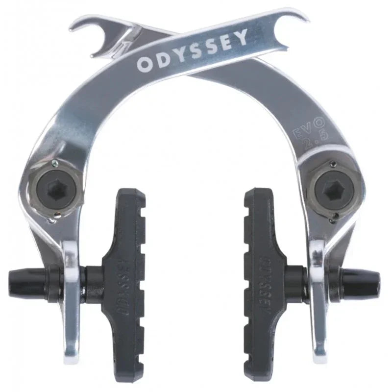Silver BMX U-brake with black pads, Odyssey EVO 2.5 model, close-up front view
