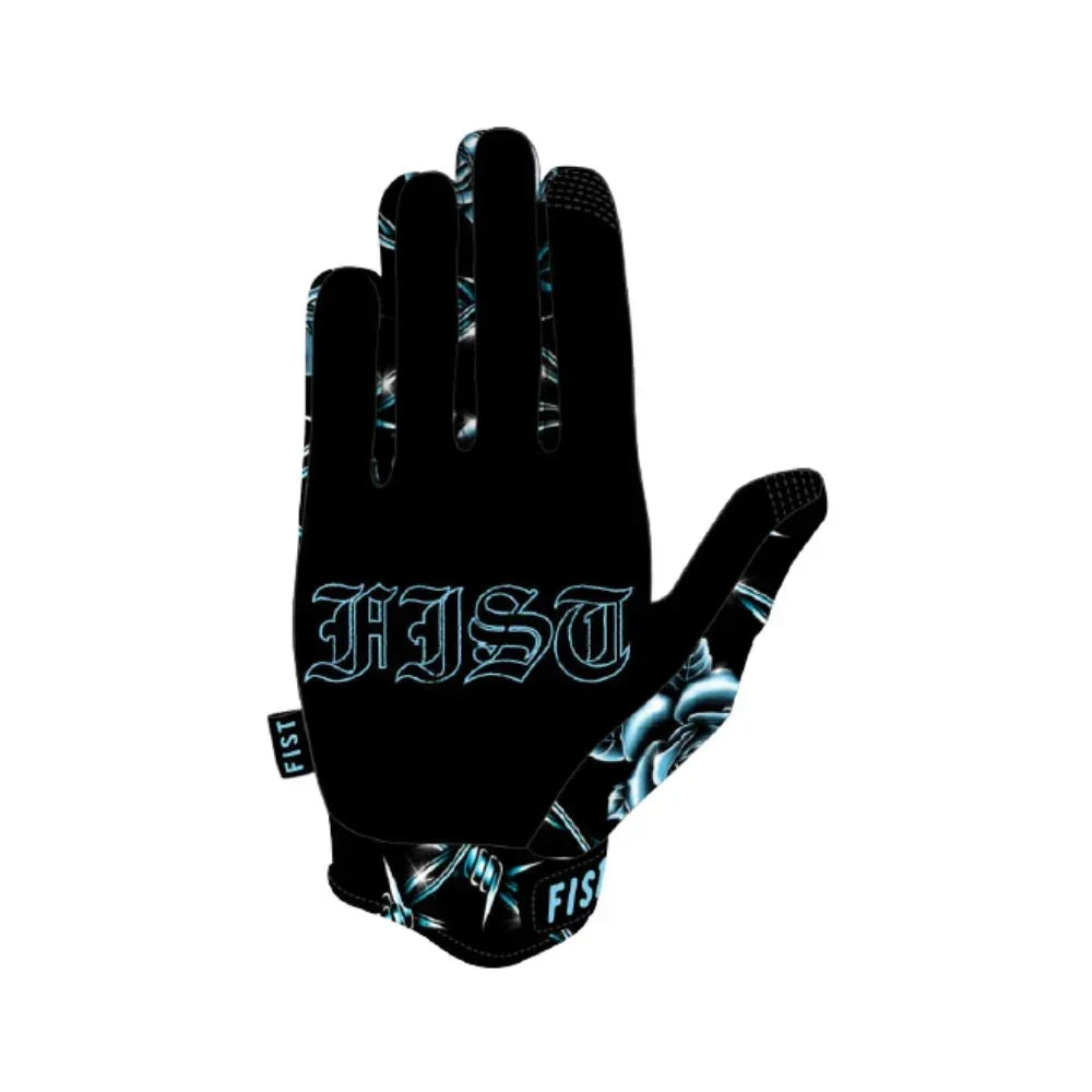 Gants de BMX noirs avec motif bleu et inscription FIST
