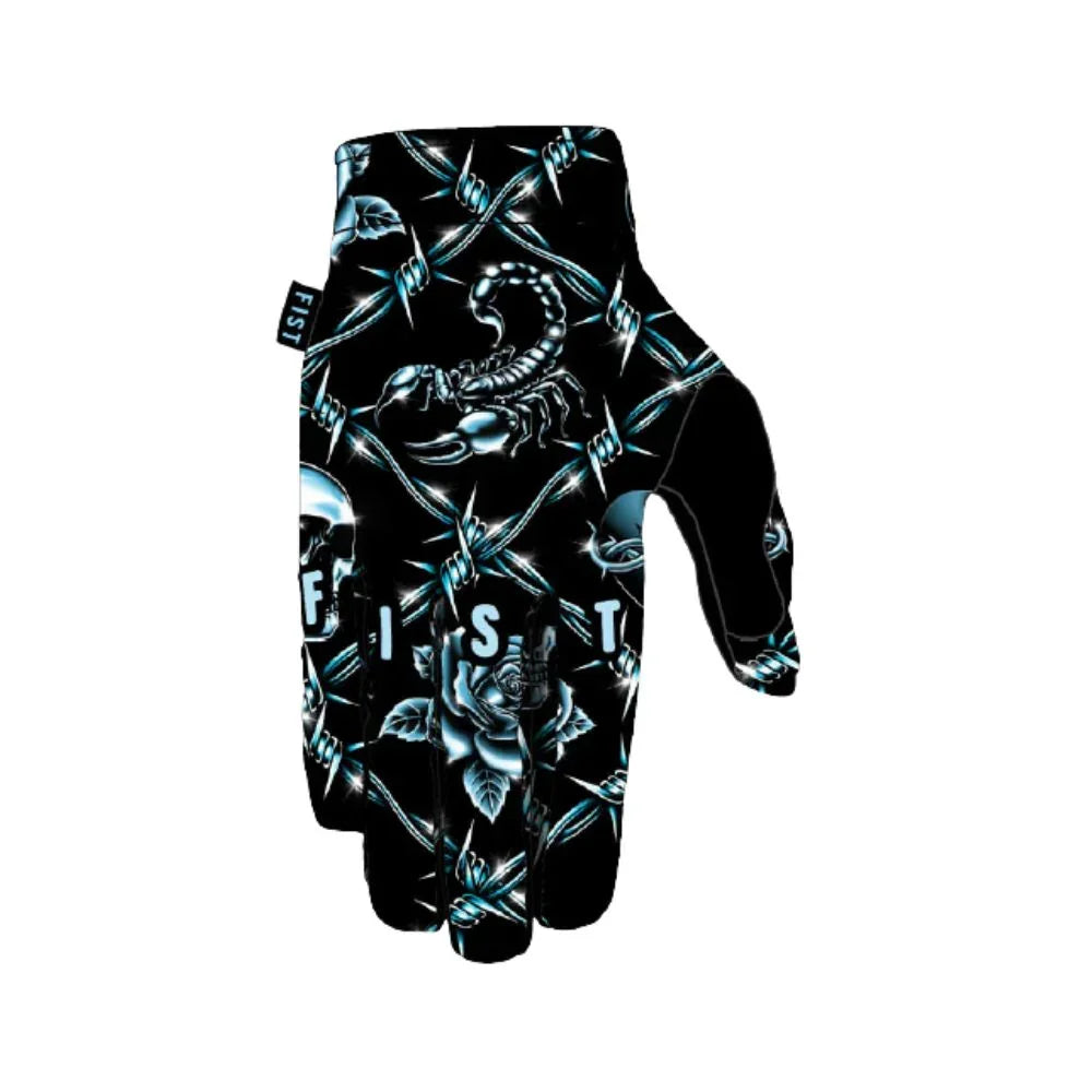 Gants BMX noirs avec motif scorpion, barbelés et roses bleues